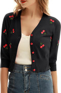 Belle Poque Women's 3/4 Sleeve V-Neck Button Down Cherries Embroidery Cropped Cardigan Sweater Coat Black X-Large