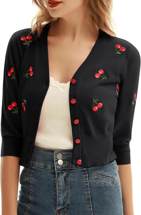 Belle Poque Women's 3/4 Sleeve V-Neck Button Down Cherries Embroidery Cropped Cardigan Sweater Coat Black X-Large