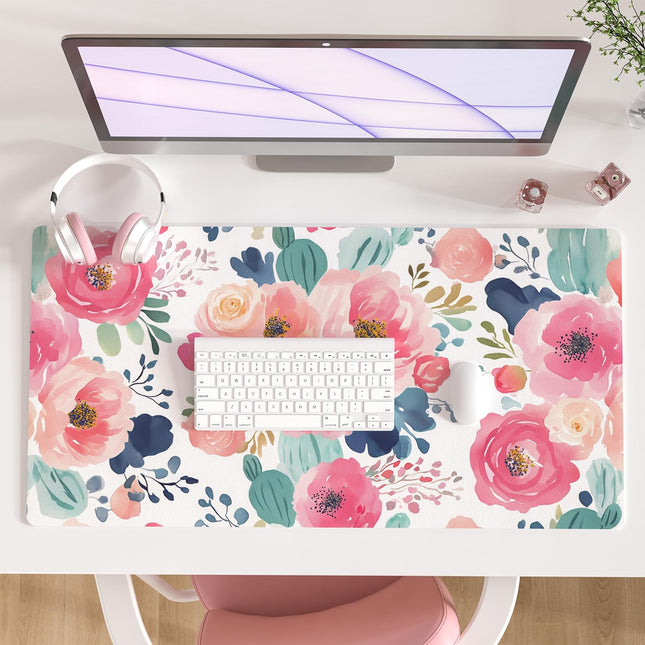 Colorful Star Large Mouse Pad, Pink Floral Desk Mat for Desktop, Women Girls Flo