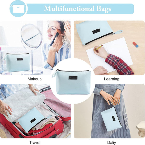 MAANGE Cosmetic Bags for Women Small Makeup Bag for Purse Pu Leather Makeup Pouch Travel Makeup Bag with Zipper Make Up Bag for Travelling Blue
