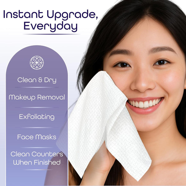 Disposable Face Towels XL Ã¢ÂÂ Ultra Soft, Odor-Free Dry Towelettes for Skincare & Makeup Removal, Plant-Based, Safe for Acne-Prone & Sensitive