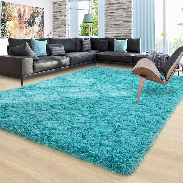 Ompaa Soft Fluffy Area Rug for Living Room Bedroom, 4X6 Teal Blue Plush Shag Rugs, Fuzzy Shaggy Accent Carpets for Kids Girls Rooms, Modern