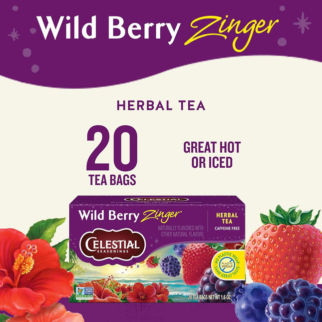 Celestial Seasonings Wild Berry Zinger Herbal Tea, Caffeine Free, 20 Tea Bags Bo