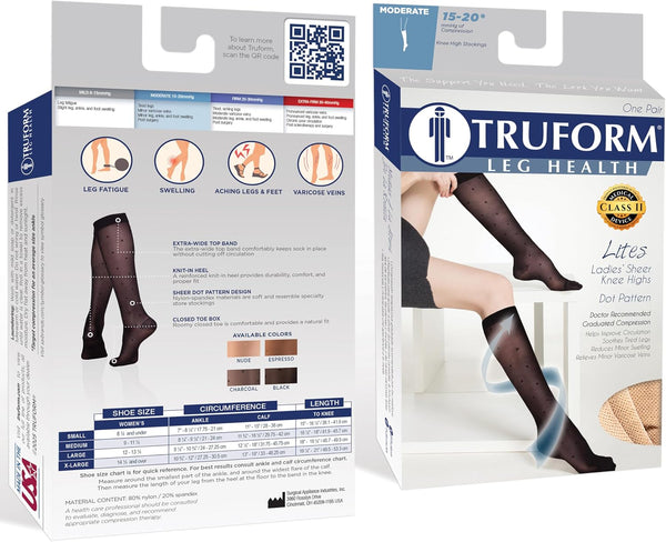 Truform Sheer Compression Stockings, 15-20 mmHg, Women's Knee High Length, Dot Pattern, Nude, Medium Nude Medium (1 Pair) Dot Pattern
