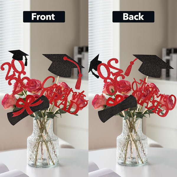 20 PCS Graduation Decorations Class of 2025, Black and Red Double-Sided Centerpieces, Grad Cap Sticks, Table Toppers, Graduation Party Decorations