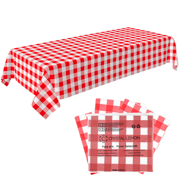 Red Gingham Disposable Picnic Tablecloths 4 Pack, Plastic Table Covers 4 Red