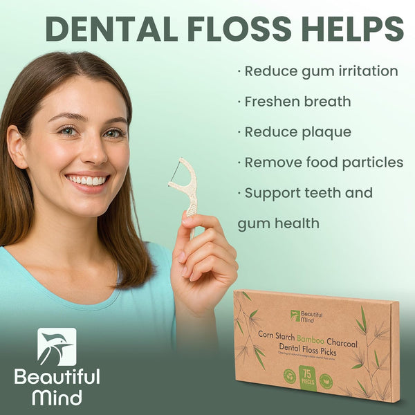 Natural Dental Floss Picks 75 Pack – Organic Biodegradable Floss Sticks with Strong Bamboo Charcoal Thread & Vegan Cornstarch Handle – No