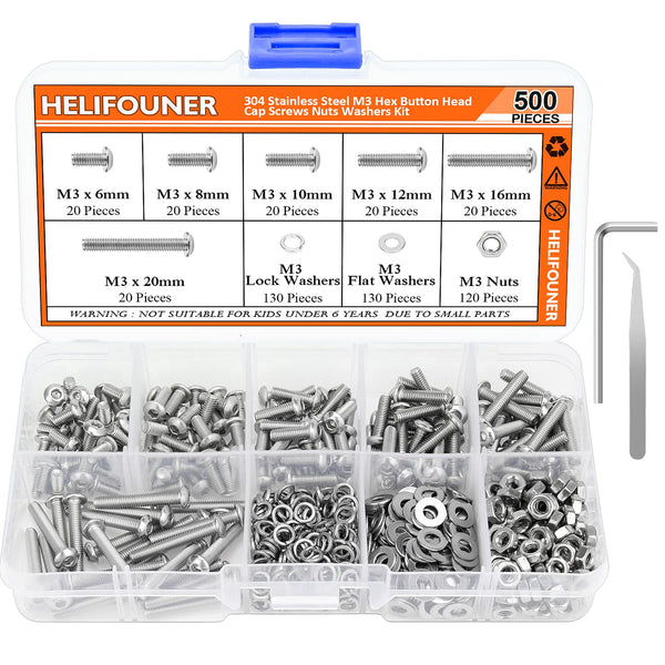 HELIFOUNER 500 Pieces M3 x 6mm /8mm /10mm /12mm /16mm /20mm, Hex Button Head Cap Metric Screws Bolts Washers Nuts Kit, 304 Stainless Steel