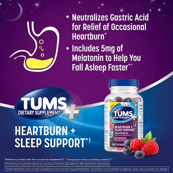 TUMS Chewy Bites Antacid Tablets Plus Sleep Support, Berry Fusion, 54 Count
