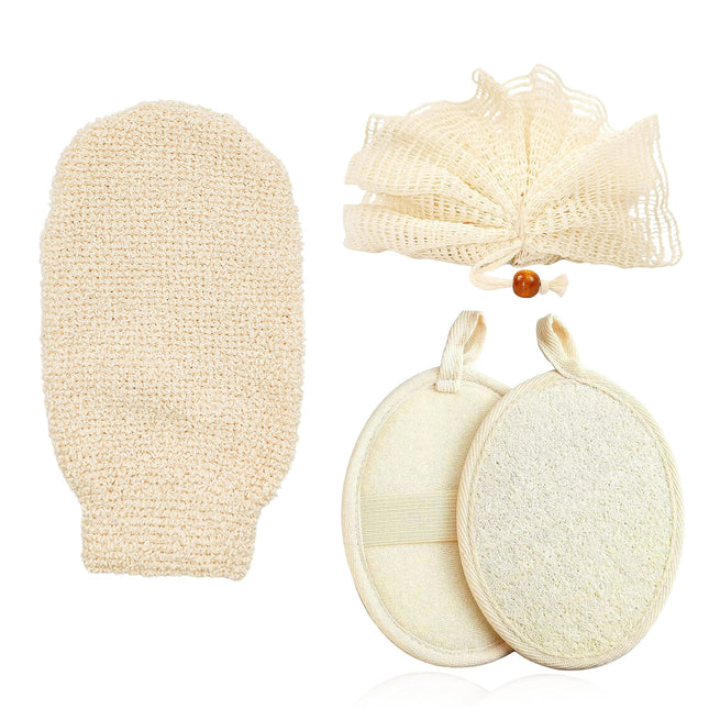 Loofah Exfoliating Body Scrubber Pack - Ramie Shower Pouf, Natural Bath Sponge, 