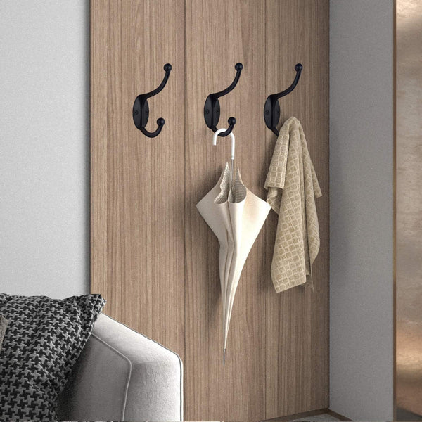 ZEYU Wall Hooks,10Pcs Coat Hooks Hardware Towel Hooks for Hanging Coats Double No Rust Black Robe Hooks Wall Mounted with Screws for Key, Towel,