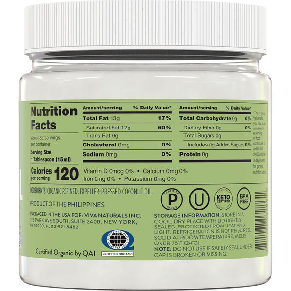 Viva Naturals Refined Coconut Oil, 16 fl oz – Expeller-Pressed, USDA Organic, Neutral Flavor & Aroma, Ideal for Cooking, Baking, Hair & Skin