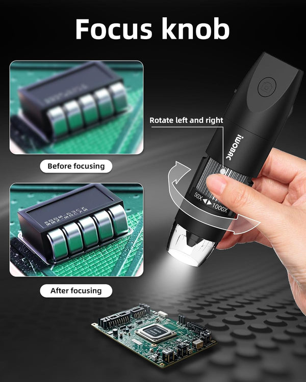 IWOBAC Digital Microscope Wireless Pocket Handheld USB Microscopes, 50x-1000x Zoom Fixed Focus HD Magnifier with LEDs, Inspection Camera