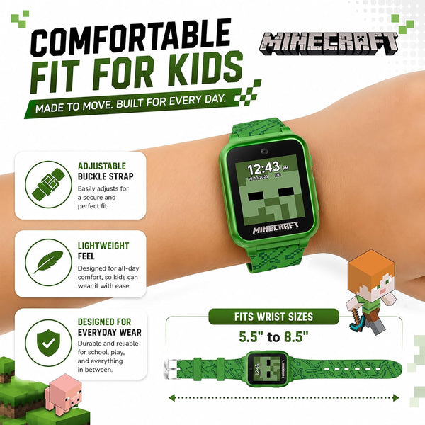Minecraft Kids Smart Watch – Touchscreen Interactive Watch with 10 Customizable Clock Faces, Built-in Camera, Video Recorder, Alarm, Calculator,
