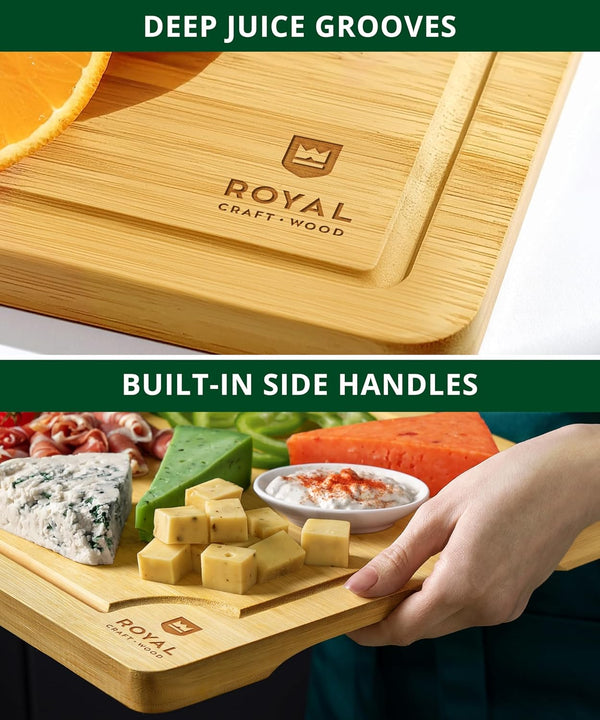 ROYAL CRAFT WOOD Wooden Cutting Boards for Kitchen Meal Prep & Serving - Bamboo Wood Serving Board Set with Deep Juice Groove Side Handles -