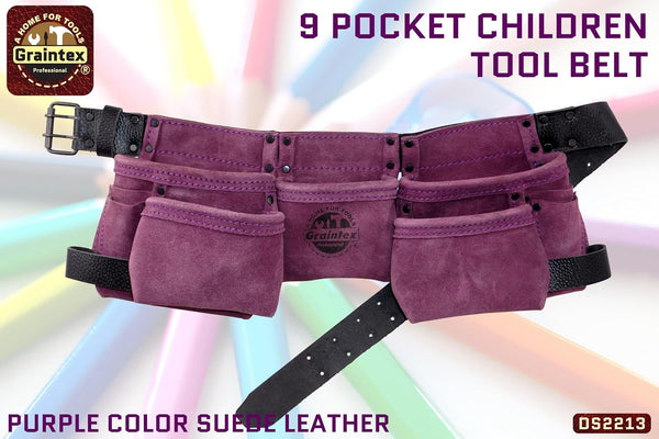 Graintex DS2213 :: 9 Pocket Children Tool Belt Purple Color Suede Leather, Kids Real Tool Belt, Boys and Girls Tool Apron for Home Improvement,