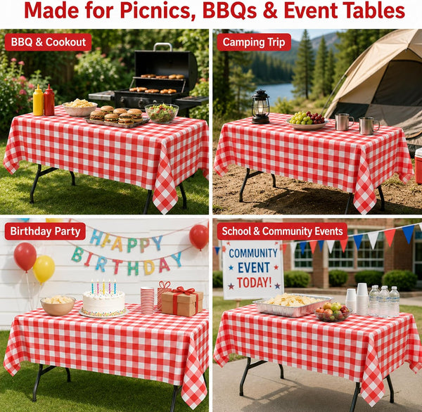 Red Gingham Disposable Picnic Tablecloths 4 Pack, Plastic Table Covers 4 Red