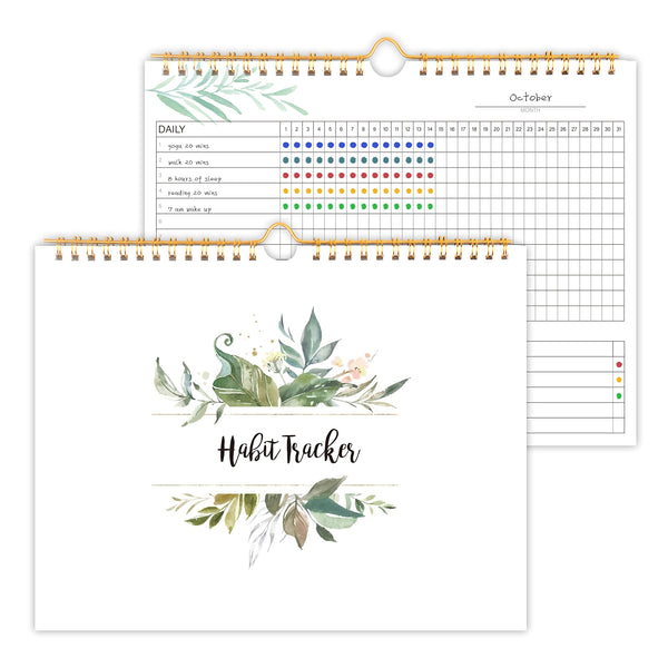 Habit Tracker Calendar- 12 Months Undated Daily Weekly & Monthly Period Habit Tracker Journal, Greenery Floral, Spiral Binding with Writable Goals