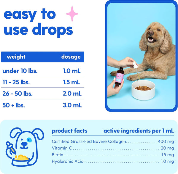 Skin and Coat Supplement for Dogs, Cats | Taily Liquid Collagen for Dogs | Itch Relief for Dogs with Allergies, with Grass Fed Collagen, Biotin,