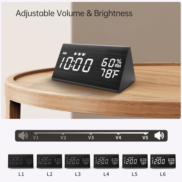 Digital Alarm Clock, with Wooden Electronic LED Time Display, 3 Alarm Settings, Humidity & Temperature Detect, Wood Made Electric Clocks for