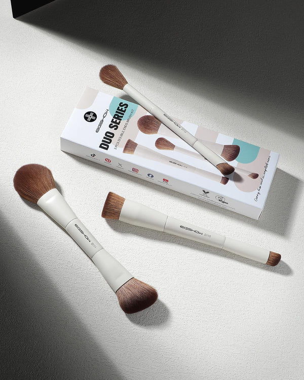 EIGSHOW Makeup Brush Set, 3Pcs Double Ended Face Makeup Brushes for Foundation Powder Contour Highlight Concealer Nose Shadow, Travel Gift Set (Beige)
