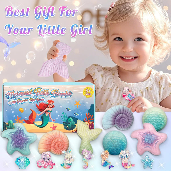Mermaid Bath Bombs for Kids with Surprise Toys Inside, 8 Pcs Organic Natural Bubble Bath Bombs for Girls,Christmas Birthday Gift for 3 4 5 6 7 8