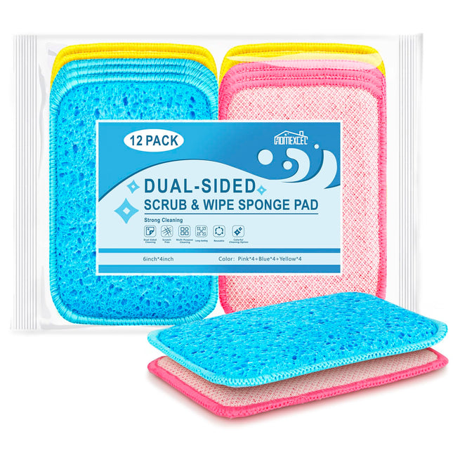 HOMEXCEL 12 Pack Scrub & Wipe Cloths, Dual-Sided Sponges for Kitchen, All-Purpos
