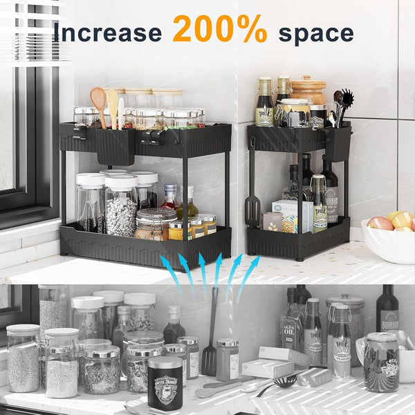 Sevenblue 2 Pack Under Sink Organizer, Under Bathroom Cabinet Organizer with Hooks Hanging Cup, Multi-Purpose Storage Shelf for Kitchen Bathroom,