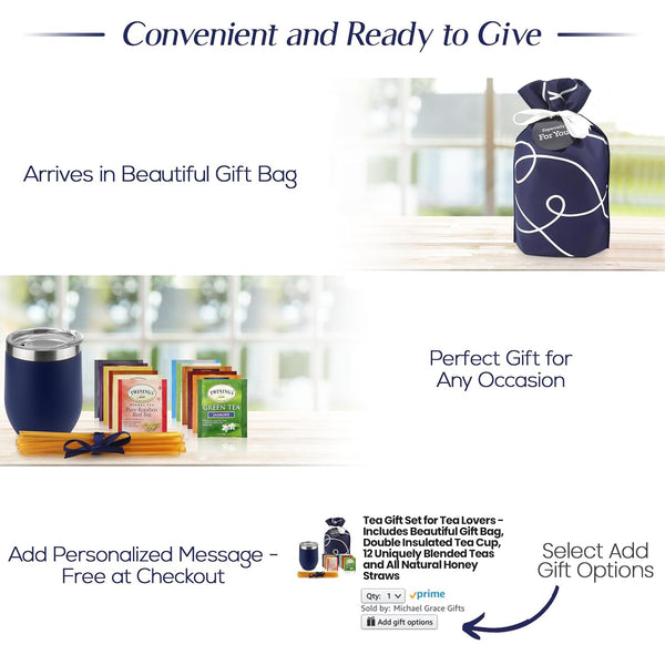 Tea Lovers Gifts Basket - Gift Set Include Temperature Retention Cup 12 Special Blend Teabags & Honey Presented in Beautiful Gift Bag for Women &