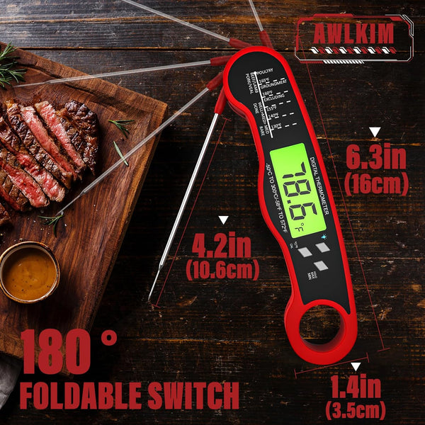 AWLKIM Meat Thermometer Digital, Instant Read Food Thermometer, Red | Waterproof cooking thermometer with doneness chart, backlight, F/C switch
