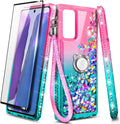 NZND Case for Samsung Galaxy A03S with Tempered Glass Screen Protector (Maximum Coverage), Ring Holder/Wrist Strap, Glitter Liquid Floating