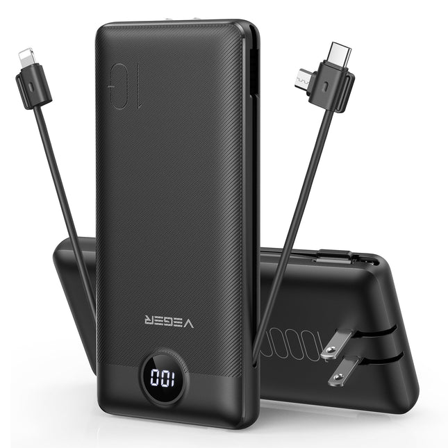 VEGER Portable Charger for Iphone Built in Cables and Wall Plug, 10000Mah Slim Fast Charging USB C Power Bank, Travel Es