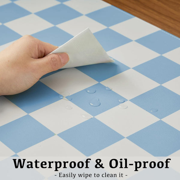 Checkered Desk Mat, 31.5" X 15.7" Large Cute Sky Blue Aesthetic Retro PU Leather Computer Laptop Desk Mat, Non-Slip Waterproof Mouse Keyboard Pad,
