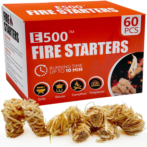 E500 Fire Starter - Natural Fire Starters for Fireplace, Campfires, Chimney, BBQ, Fire Pit & Wood Fireplace - 60 Pack Odorless Pine Firestarter,