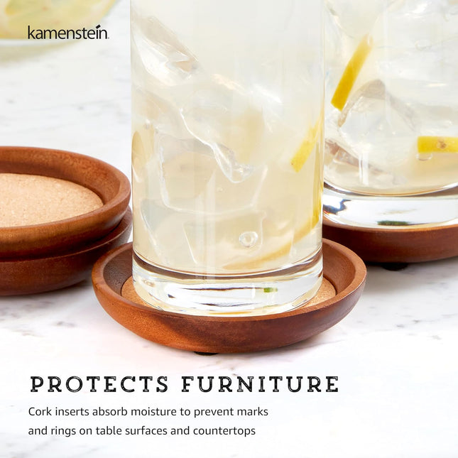 Kamenstein 4 Piece Set, Natural Acacia Wood and Cork Stackable Coasters, Set of 