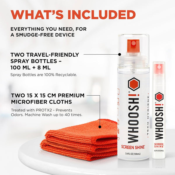 WHOOSH! Screen Shine Duo - Screen Cleaner Spray for Ipad, Monitor, Laptop, Macbook - 3.4 Oz & 0.3 Oz Bottles with 2 Microfiber Cloths - Portable
