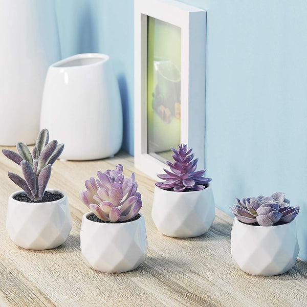 CADNLY Fake Succulent Plant Set - Artificial Desk Plants for Women Desk - Realistic Faux Succulents in Ceramic Pots - Mini Purple Decor for