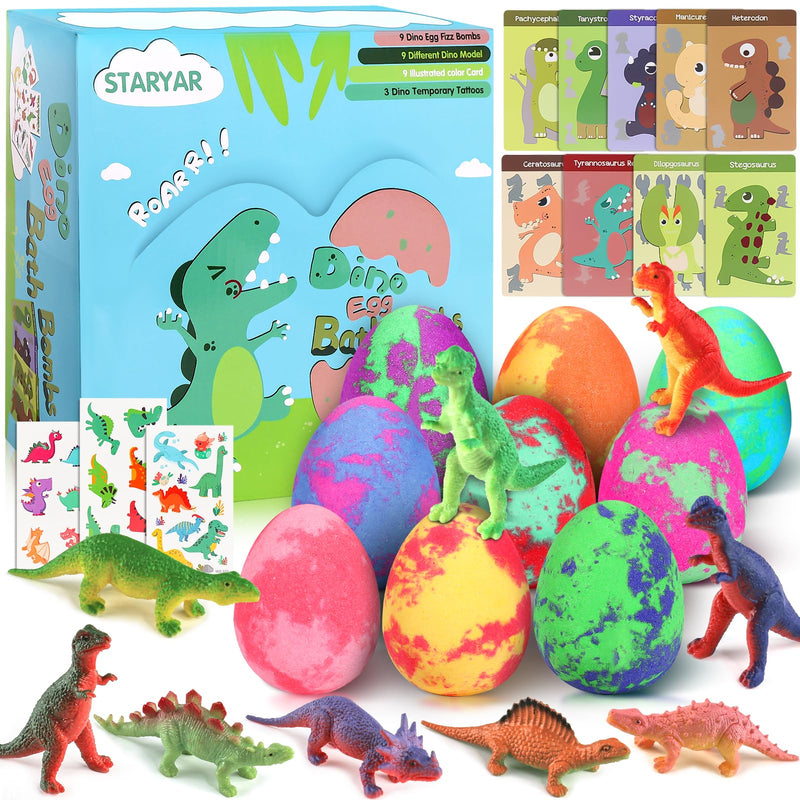 Bath Bombs for Kids with Surprise Toys Inside - 9 Pack Dinosaur Bath Bombs Gift Set, Dinosaur Toys for Kids 3 4 5 6 7 8 9 Years, Birthday Gifts