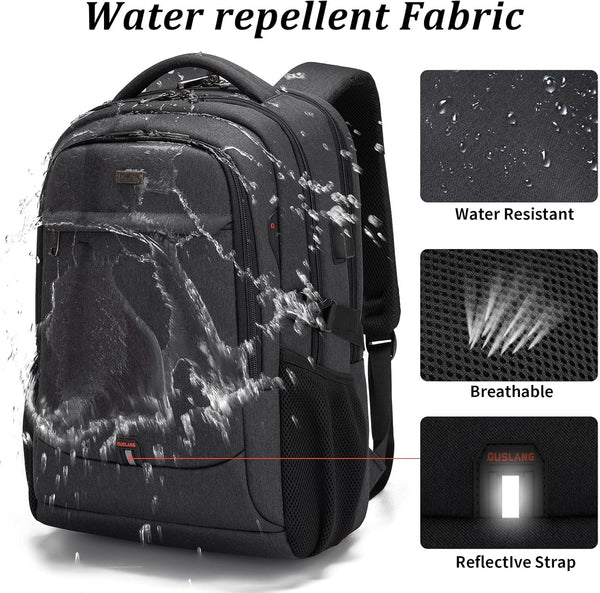 DUSLANG 17 Inch Laptop Backpack for Travel Water Resistant College Backpack for Men/Women Laptop Bag with USB Charging Port,Black