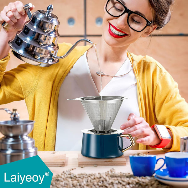 Laiyeoy Pour Over Coffee Dripper, Slow Drip Paperless Coffee Filter, Stainless Steel Pour Over Coffee Maker for Single Cup Brew, Double Mesh