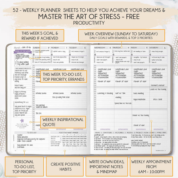 Life Planner - Undated Weekly & Monthly Planner, 12-Month Journey to Increase Productivity | Gratitude Journal, Life Organizer & Goal Journal |