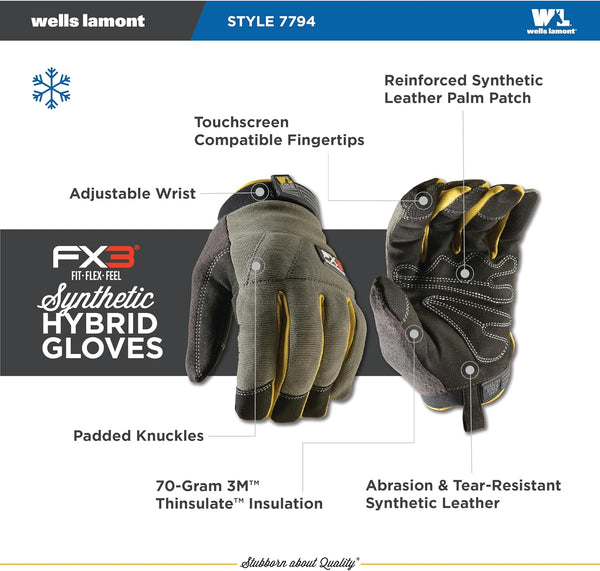 Wells Lamont FX3 Insulated Synthetic Leather Winter Work Gloves for Men – Warm 3M Thinsulate, Fleece-Lined, Touchscreen – Water-Resistant,
