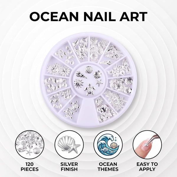 120Pcs/Pack Sliver Nail Art Decorations Mini Ocean Accessories Nail Art Rhinestones Silver Shell Conch Nail Charms Manicure Decor DIY Nail