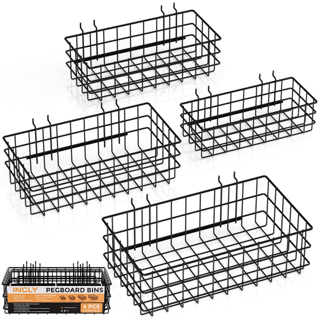 INCLY 4 Pack Pegboard Baskets Bins Set, 4 Size Square Style Black Metal Wire Basket for Any Peg Board Organizing Tools, 