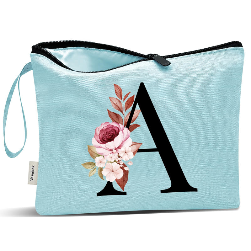 Vavabox A-Z Personalized Makeup Bag, Birthday Gifts for Women Mom, Gifts for Best Friend, Bride Bridesmaid Cosmetic bag (A, Aqua) Aqua A