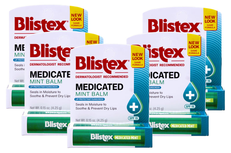 Blistex Medicated Lip Balm Protectant/Sunscreen SPF 15 Mint, 0.15 OZ Pack of 5 Mint 0.15 Ounce (Pack of 5)