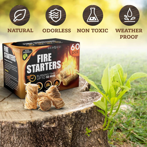 Fire Starter - Natural Pine Fire Starters for Fireplace, Campfires, Grill, Wood & Pellet Stove, Chimney, Fire Pit, BBQ, Smoker - 60 Pack W/10 Min