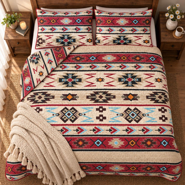 Rugs 4 Less Rustic Striped Southwestern Quilt Stitched Western Bedspread Bedding Set with Beige Brown Burgundy Turquoise Tribal Native American
