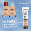 COVERGIRL Clean Invisible Foundation Makeup, Dewy & Glowy Natural Finish, Buildable Coverage, Skin-Like Smooth Look, Vegan, Buff Beige, 1Oz