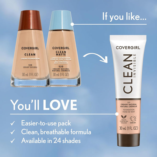 COVERGIRL Clean Invisible Foundation Makeup, Dewy & Glowy Natural Finish, Buildable Coverage, Skin-Like Smooth Look, Vegan, Buff Beige, 1Oz